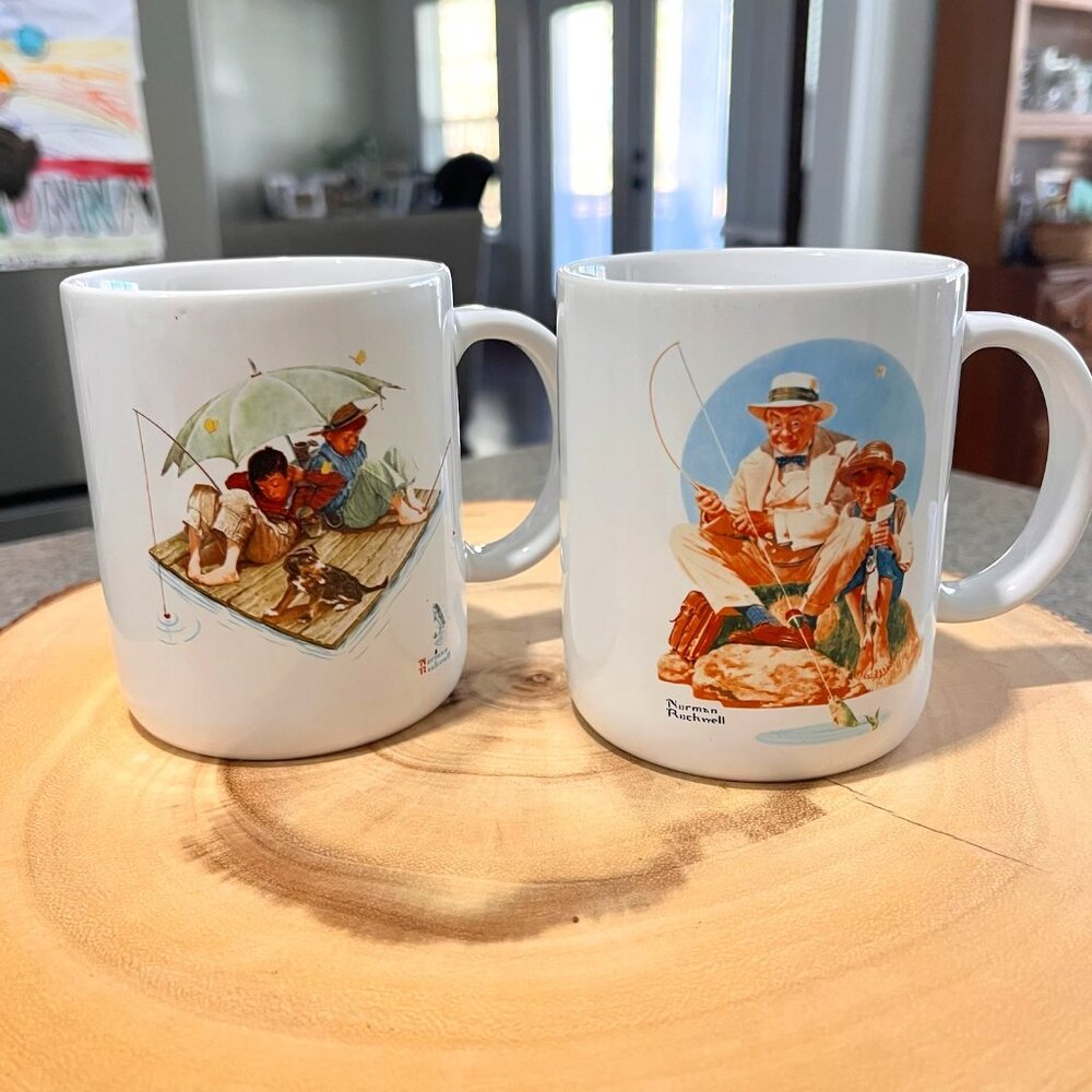 VTG Norman Rockwell Fisherman's Paradise & Catching The Big One Ceramic Mugs (2)